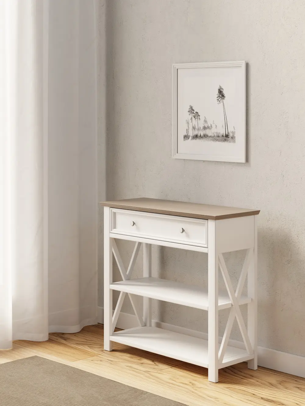 Консоль массив сосны с ящиком белая Форест белый воск/серый