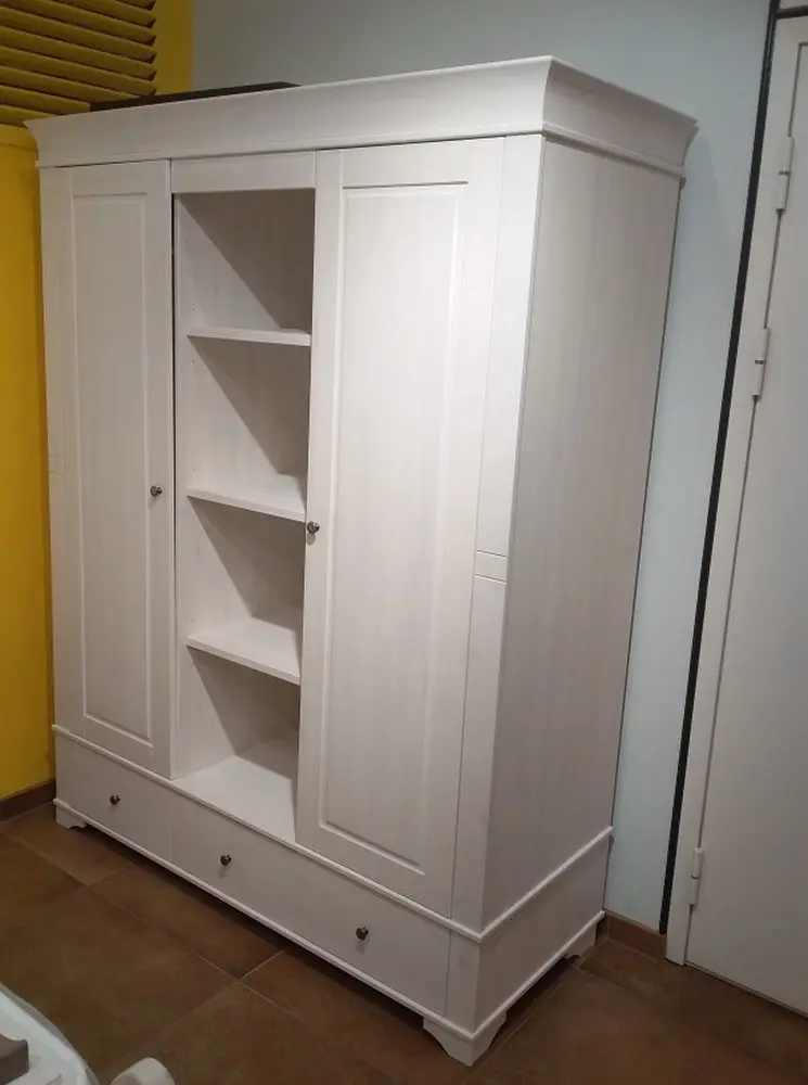 Шкаф Бейли 2-ств с 3 ящиками белый глухими дверцами и открытой секцией с полками белый воск