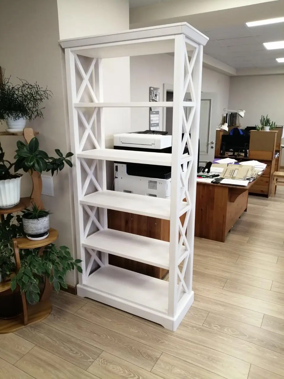 Стеллаж массив сосны Форест сквозной белый воск/антрацит(с крестом) белый