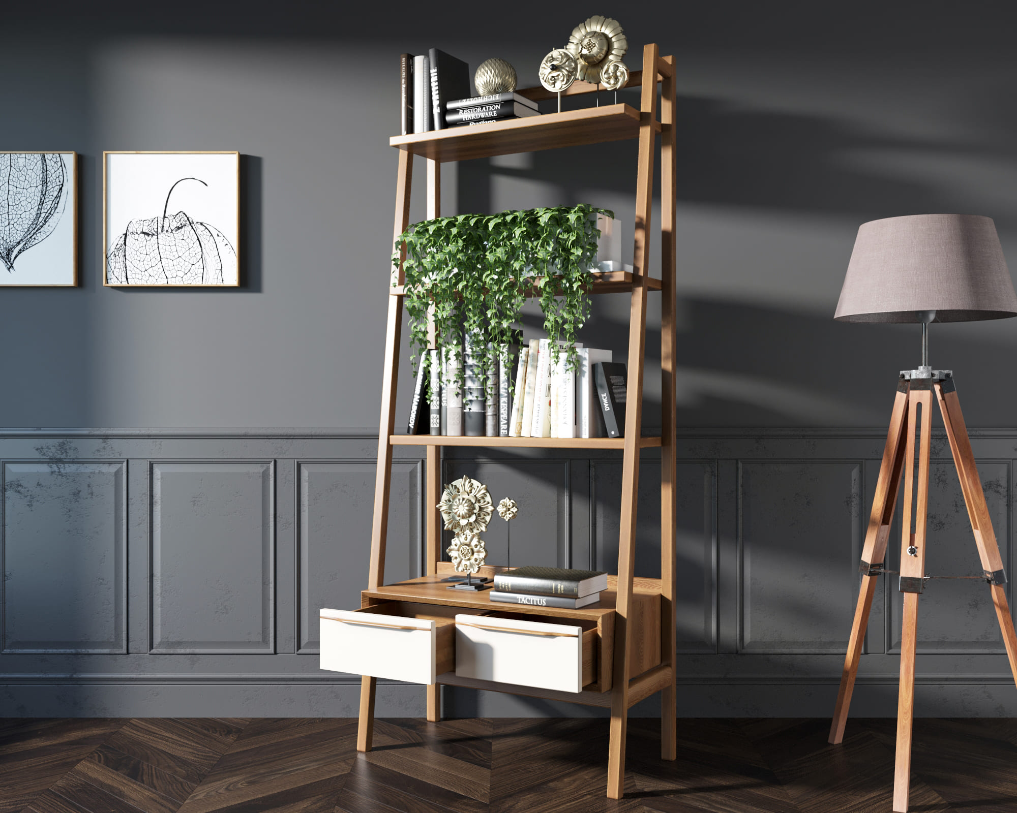   Узкий стеллаж из дерева «Bruni white" с двумя ящиками  