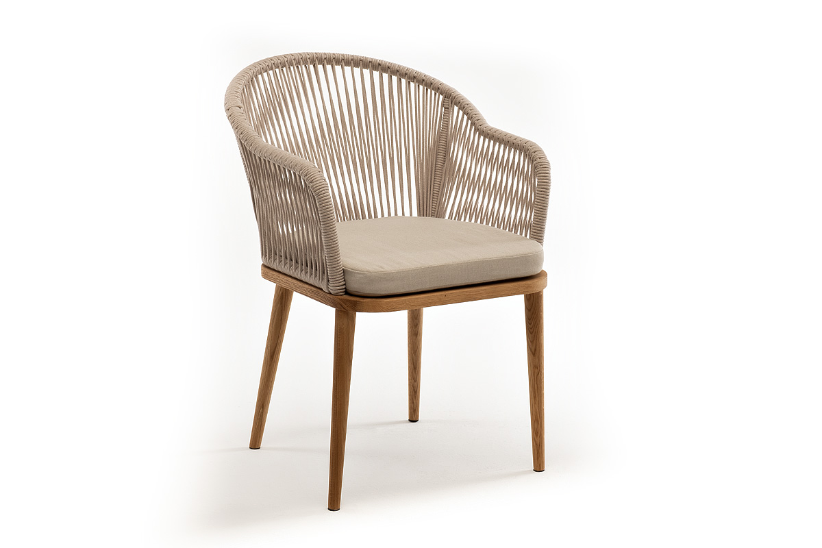 "Леонардо" стул плетеный из роупа, основание дуб, роуп бежевый круглый, ткань бежевая