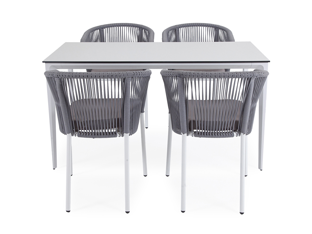 "Малакио" обеденная группа на 4 персоны со стульями "Марцелло", каркас белый, роуп светло-серый