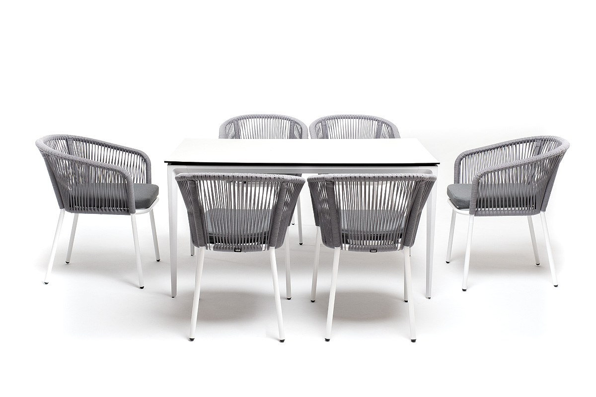 "Малакио" обеденная группа на 6 персон со стульями "Марцелло", каркас белый, роуп светло-серый