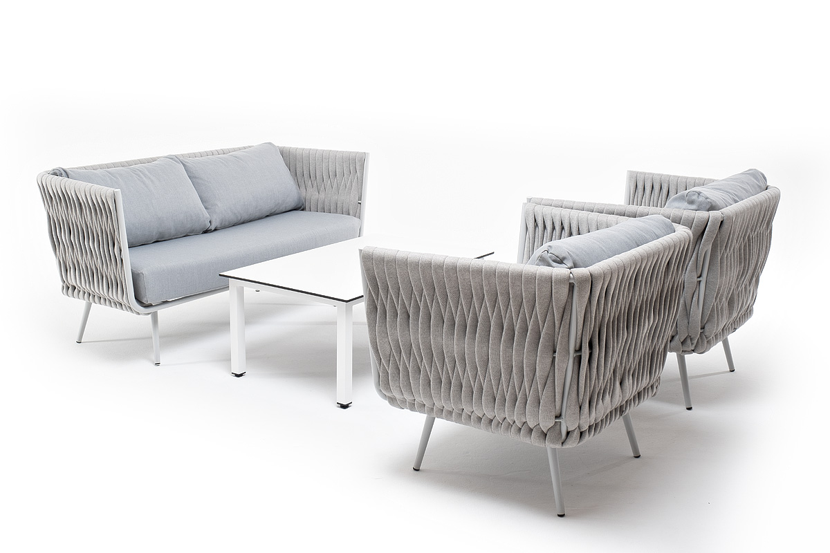 "Монарк" лаунж-зона 4-местная из роупа со столом "Каннизо" молочный, каркас светло-серый, роуп светло-серый